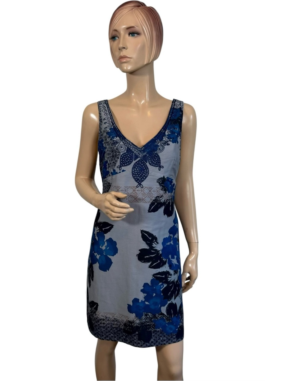 Free People Blue Floral Embroidered V Neck Cotton Mini Dress Size 12